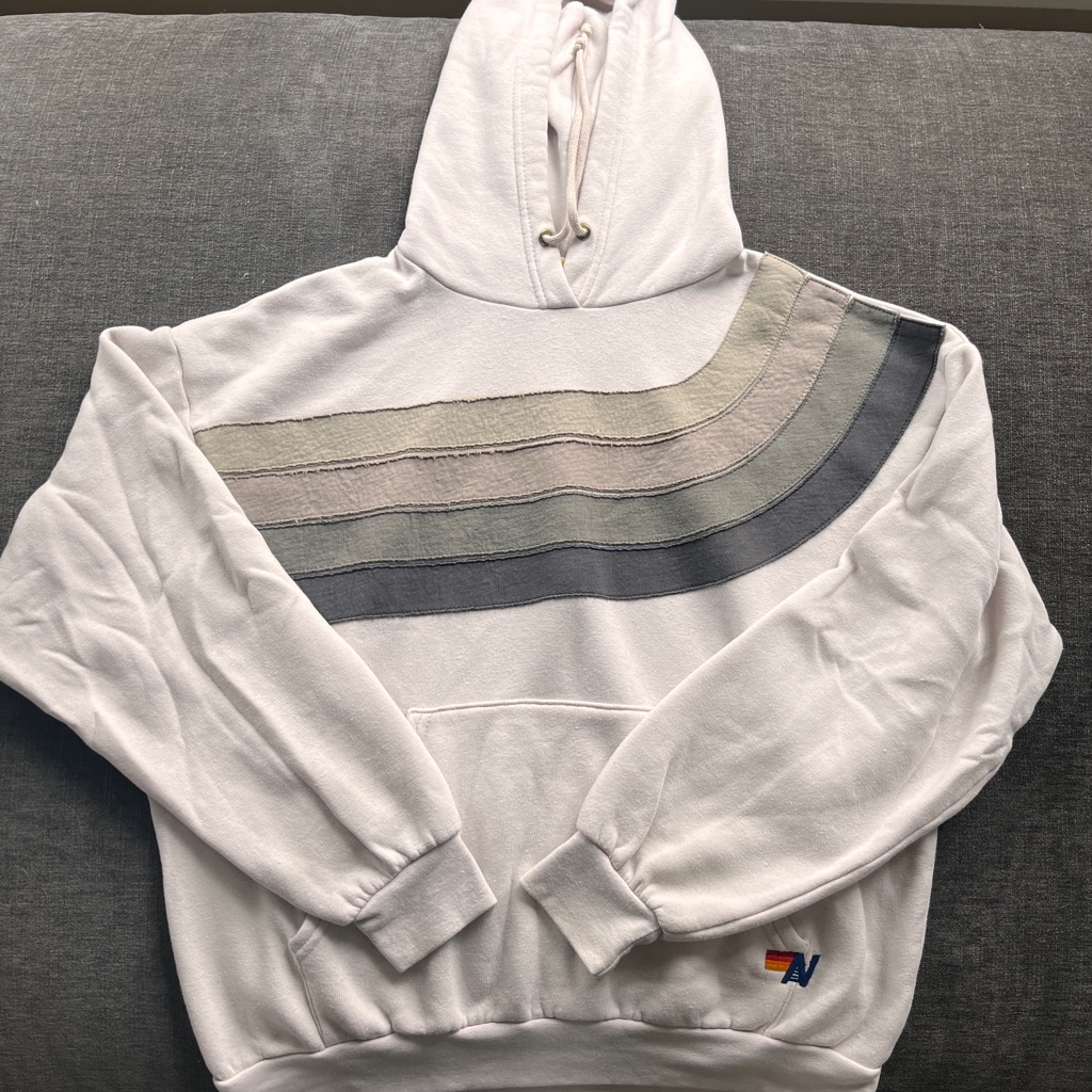 Aviator Nation White Hoodie With Gray And Cream Stripes